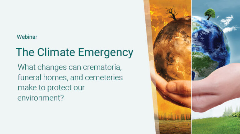 Webinar titled 'The Climate Emergency: What changes can crematoria, funeral homes, and cemeteries make to protect our environment?' The image shows a globe being held by two hands. On the left, the globe is cracked and engulfed in flames, representing environmental destruction, while on the right, the globe is vibrant, with healthy greenery and a small tree, symbolizing environmental protection.