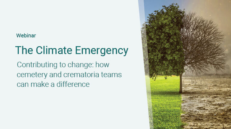 Webinar titled 'The Climate Emergency: Contributing to change—how cemetery and crematoria teams can make a difference.' The image shows a split view of a tree. The left side depicts a healthy tree with green leaves and grass, representing a thriving environment, while the right side shows a barren tree on dry, cracked earth, symbolizing environmental degradation.