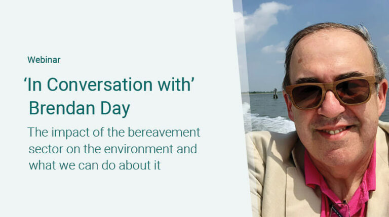 Webinar titled 'In Conversation with Brendan Day: The impact of the bereavement sector on the environment and what we can do about it.' The image shows Brendan Day, a man wearing sunglasses, a beige jacket, and a bright pink shirt, smiling while on a boat with a waterway and sky in the background.