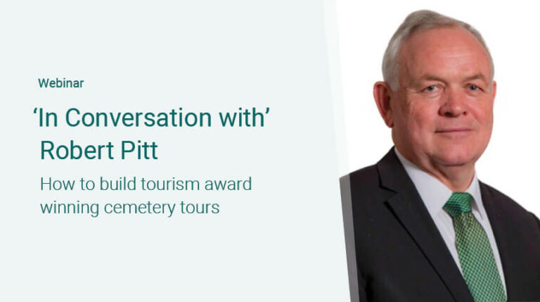 Webinar titled 'In Conversation with Robert Pitt: How to build tourism award-winning cemetery tours.' The image shows Robert Pitt, a man with short gray hair, wearing a dark suit jacket, white shirt, and green tie, standing against a plain white background.