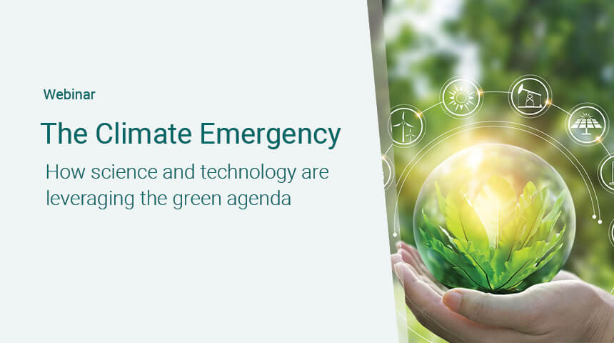 Webinar titled 'The Climate Emergency: How science and technology are leveraging the green agenda.' The image shows a pair of hands holding a glass sphere containing a green plant, surrounded by icons representing sustainable energy and environmental concepts.