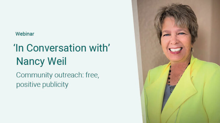 Webinar titled 'In Conversation with Nancy Weil: Community outreach—free, positive publicity.' The image shows Nancy Weil, a woman with short hair, smiling while wearing a bright yellow jacket over a dark top, standing against a neutral-colored background.