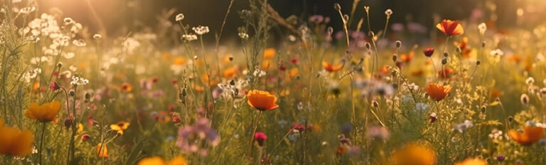 Photograph of a vibrant wildflower field, with various flowers in bloom, including orange and yellow poppies, bathed in soft, warm sunlight, creating a peaceful and natural setting.