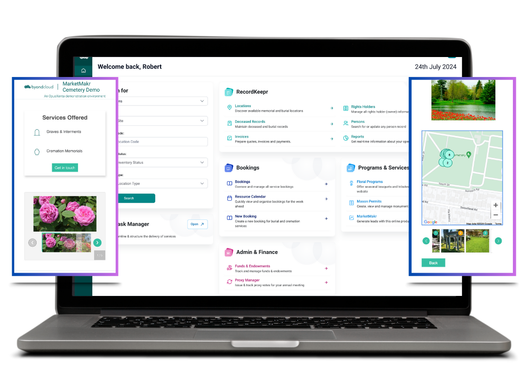 Screenshot of a laptop displaying a Byond cemetery and crematory management software, featuring tools such as 'Record Keeping,' 'Bookings,' 'Programs & Services,' and 'Admin & Finance.' Two pop-up windows show additional details, including a map with burial locations and a floral program with images of pink flowers.