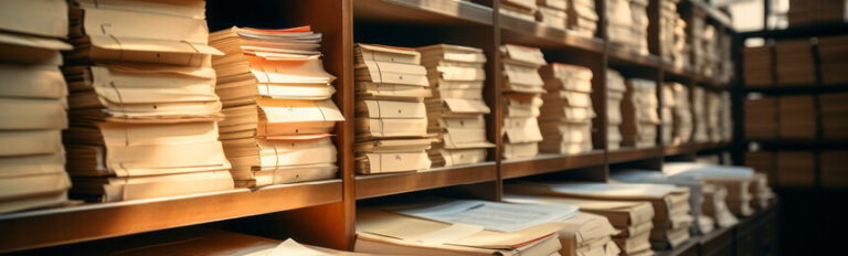 Photograph of rows of shelves filled with stacks of paper files and documents in an archive or library, creating a sense of extensive record-keeping and historical preservation.